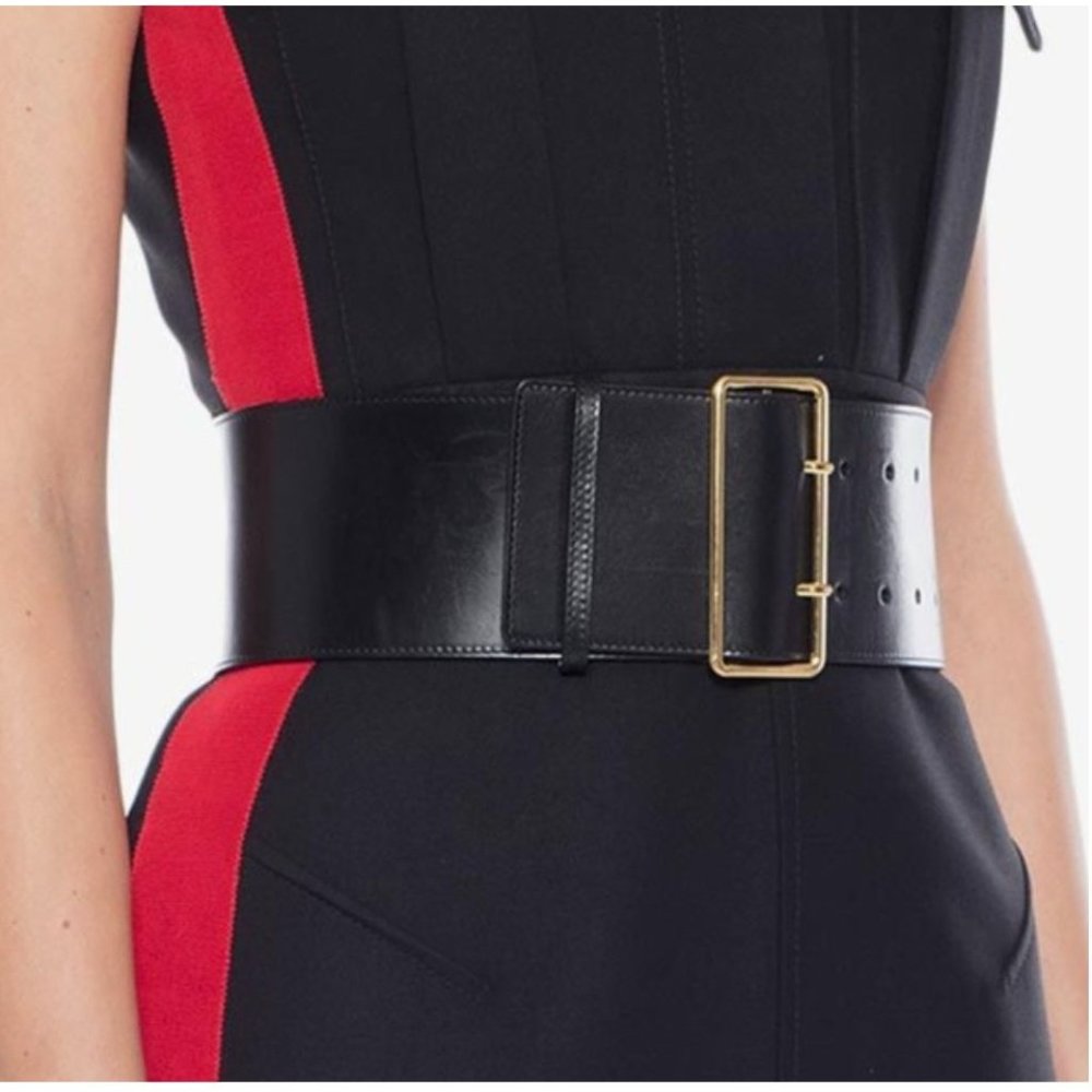 Alexander McQueen Black Leather Wide Belt with Gold Buckle - Picture 2 of 16